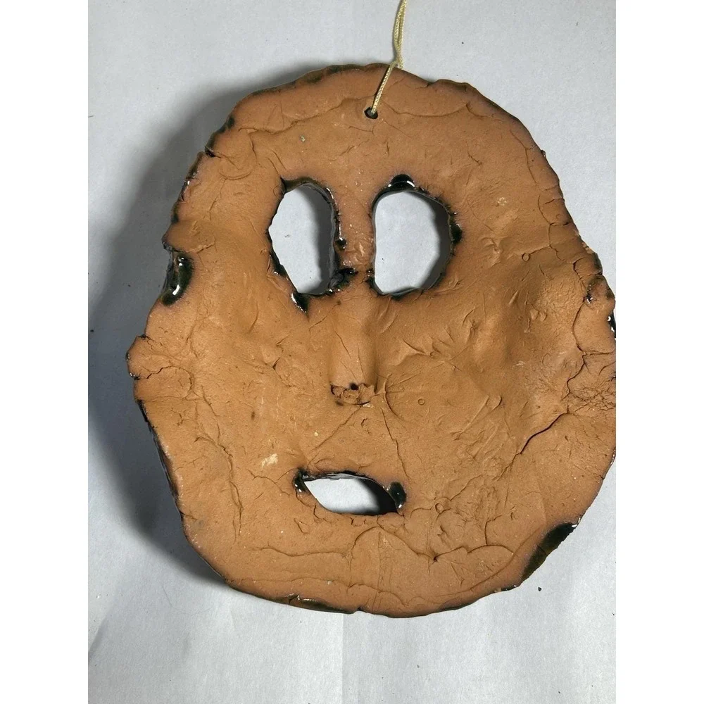 Vintage Clay Face Folk Art Ornament Hang Signed  Peter Artist Decor Collectible